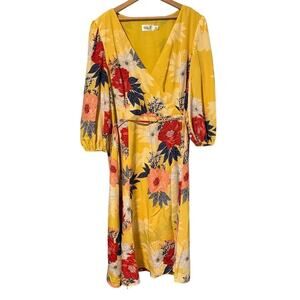 Eliza J Dress Womens Size 18 Yellow Floral Faux Wrap Midi V-Neck Tie Waist